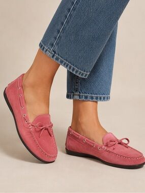 Lands’ End Pink Suede Driving Moccasins Loafers Women’s Size 9.5